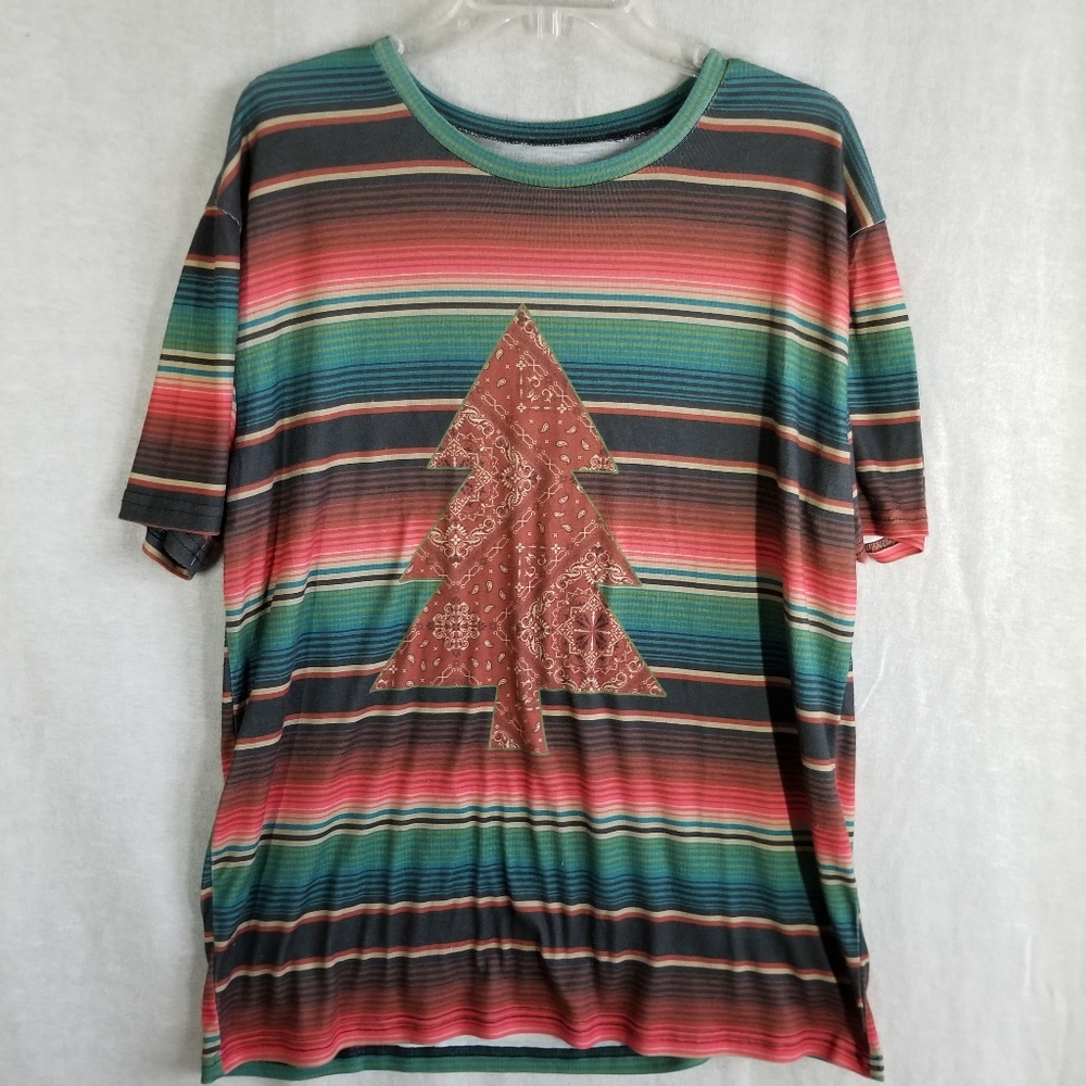 Crazy Train Women's XL Christmas Tree Bandana Tee Shirt Short Sleeve Aztec